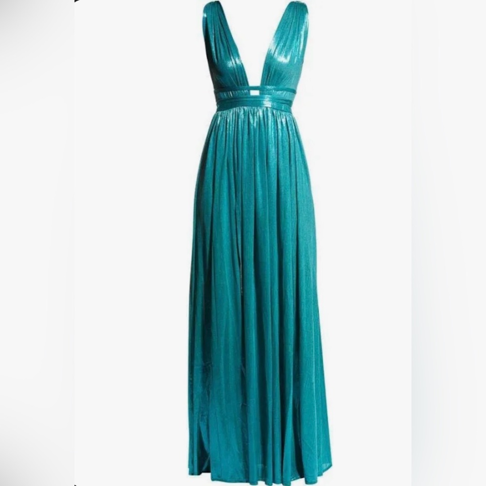 Bronx and Banco Teal Plunge V-Neck Metallic Maxi Dress